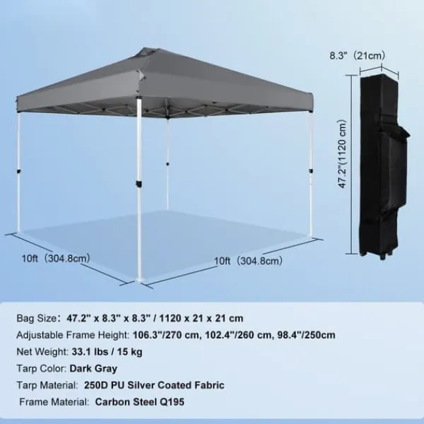 Telte & Lysthuse^Pop-up baldakin festtelt 10x10 fod med bæretaske til camping - mørkegrå, ideelt til udendørs arrangementer!