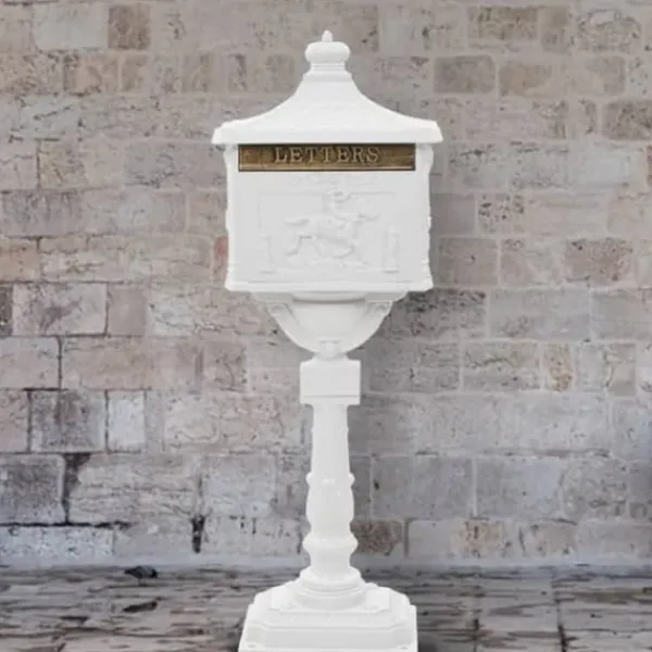 Postkasser & Brevindkast^Postkasser - Living postkasse med piedestal aluminium vintagestil rustbestandig hvid