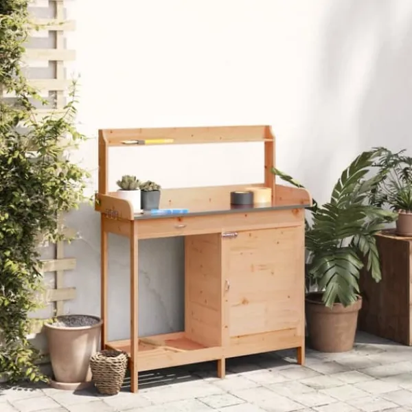 Best Pottebænk med skab i massivt grantræ | Størrelse: 110,5x45x124,5 cm | Farve: Brun Plantningsbænke