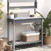 Discount Pottebænk med vask og opbevaring - Plantebord i massivt grantræ | Farve: Grå | Størrelse: 147,5x44x139,5 cm Plantningsbænke