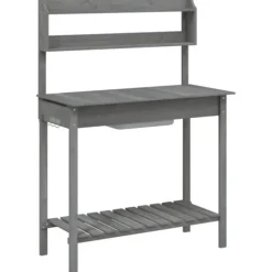 Discount Pottebænk med vask og opbevaring - Plantebord i massivt grantræ | Farve: Grå | Størrelse: 147,5x44x139,5 cm Plantningsbænke