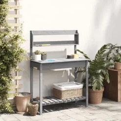 Discount Pottebænk med vask og opbevaring - Plantebord i massivt grantræ | Farve: Grå | Størrelse: 147,5x44x139,5 cm Plantningsbænke