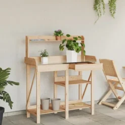 Sale Pottebord i massivt fyrretræ med hylder - Robust og slidstærkt | Farve: Natur | Størrelse: 120x60x90 cm Plantningsbænke