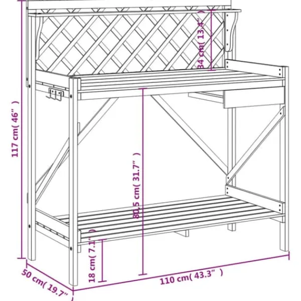 Plantningsbænke^Pottebord med espalier i massivt fyrretræ | Farve: Brun | Størrelse: Standard