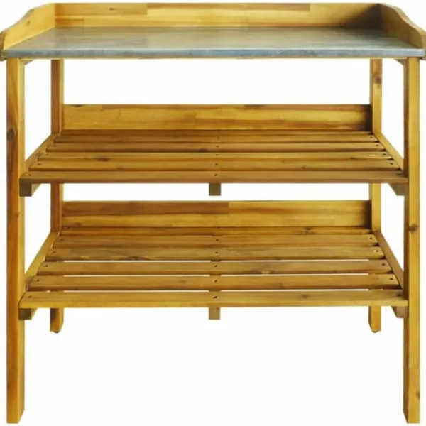Discount Potteplantebænk med 2 hylder i massivt akacietræ og zink | Farve: Natur | Størrelse: 90x40x80 cm Plantningsbænke