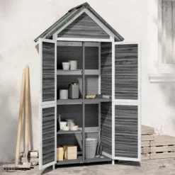 Skure, Garager & Carports^Redskabsskur til haven i massivt fyrretræ - Opbevaringsskab | Størrelse: 89x52,5x175 cm | Farve: Grå