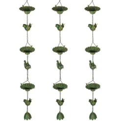 Havedekorationer^Regnkæde 3-pak, 123 cm, metal med fugle & klokke, med ophæng, grøn