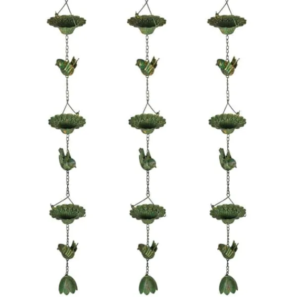 Havedekorationer^Regnkæde 3-pak, 123 cm, metal med fugle & klokke, med ophæng, grøn