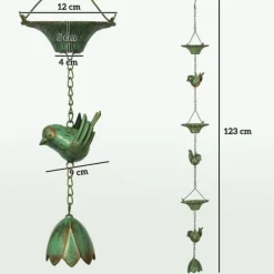 Havedekorationer^Regnkæde 3-pak, 123 cm, metal med fugle & klokke, med ophæng, grøn