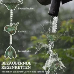 Havedekorationer^Regnkæde 3-pak, 123 cm, metal med fugle & klokke, med ophæng, grøn