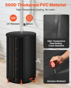 Best Regnvandstønde - Sammenklappelig Regnvandstank 250 L - 500D PVC - Med Tappehane og Overløbssæt - Bærbar - Sort Regntønder