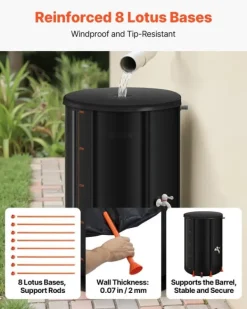 Best Regnvandstønde - Sammenklappelig Regnvandstank 250 L - 500D PVC - Med Tappehane og Overløbssæt - Bærbar - Sort Regntønder
