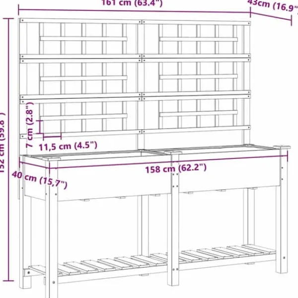 Plantningsbænke^Rektangulær havekasse med espalier og hylde - Holdbart fyrretræ | Farve: Beige | Størrelse: 161x46x152.5 cm