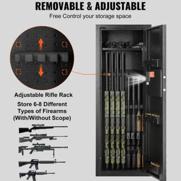 Pengeskabe^Rifle Safe 6-8 Våben, Digital Tastatur, Lås, Aftagelig Hylde, Stål, Sikker Opbevaring, Robust Design.