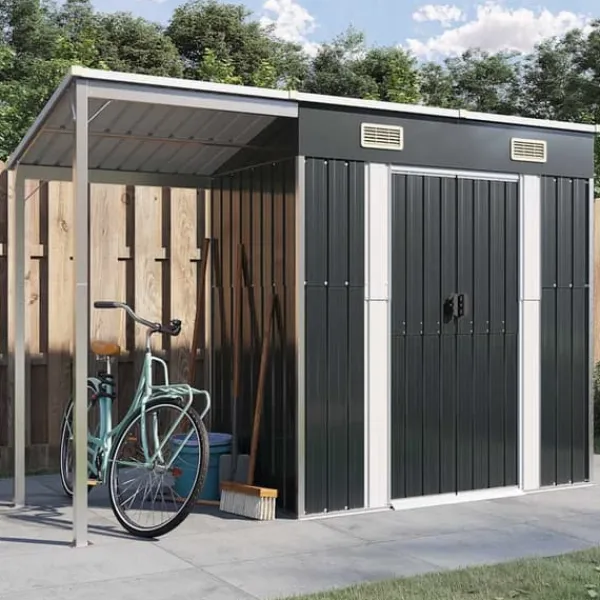 Skure, Garager & Carports^Robust haveskur i stål med udvidet tag - Optimeret opbevaring | Farve: Antracitgrå | Størrelse: 277x107x181 cm