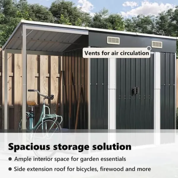 Skure, Garager & Carports^Robust haveskur i stål med udvidet tag - Optimeret opbevaring | Farve: Antracitgrå | Størrelse: 277x107x181 cm
