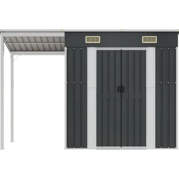 Skure, Garager & Carports^Robust haveskur i stål med udvidet tag - Optimeret opbevaring | Farve: Antracitgrå | Størrelse: 277x107x181 cm
