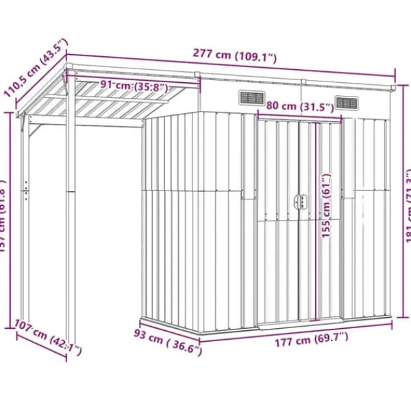 Skure, Garager & Carports^Robust haveskur i stål med udvidet tag - Optimeret opbevaring | Farve: Antracitgrå | Størrelse: 277x107x181 cm