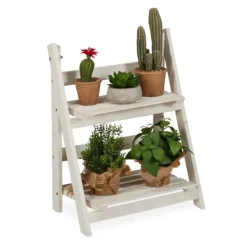 Plantestativer^Robust hvid trætrappe med blomstermotiv