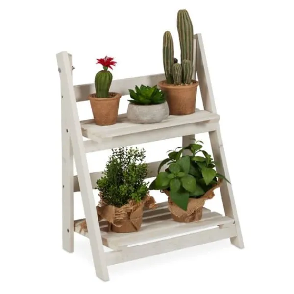 Plantestativer^Robust hvid trætrappe med blomstermotiv