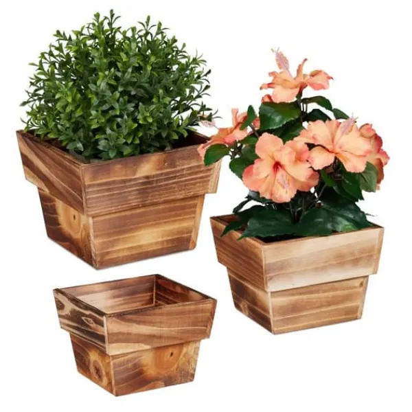 Krukker & Plantebeholdere^Robust træblomsterpottesæt med 3