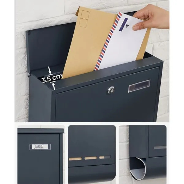 Postkasser & Brevindkast^Rootz antracit stål Postkasse - Postkasse - Postkasse - Pulverlakeret stål - Vejrbestandig - Nem at installere - Sikkert låsesystem - 35cm x 12cm x 42 | CDON