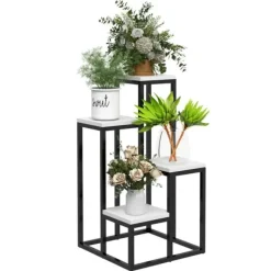 Online Rootz blomsterhylde - 4 etagers plantehylde - blomsterstativ - indendørs og udendørs - metalramme - grantræ - sort + hvid - 34L x 34W x 70H cm Plantestativer