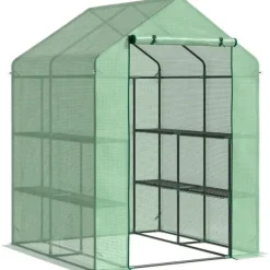 Drivhus^Rootz Folie Drivhus - Walk-in Drivhus Med 8 hylder - Tomat Drivhus - Kold Ramme Med Låge - Stål - PE Plast - Grøn - 143 x 138 x 195 cm