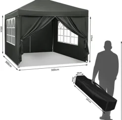 Telte & Lysthuse^Rootz Gazebo Pop-Up telt - Vandtæt Pagoda - Solafskærmning - UV-beskyttelse, Regnbestandig, Nem opsætning - Metal og 210D Oxford-stof - 3 x 3 m Grå