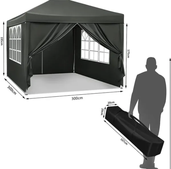 Telte & Lysthuse^Rootz Gazebo Pop-Up telt - Vandtæt Pagoda - Solafskærmning - UV-beskyttelse, Regnbestandig, Nem opsætning - Metal og 210D Oxford-stof - 3 x 3 m Grå