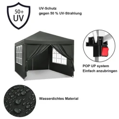 Telte & Lysthuse^Rootz Gazebo Pop-Up telt - Vandtæt Pagoda - Solafskærmning - UV-beskyttelse, Regnbestandig, Nem opsætning - Metal og 210D Oxford-stof - 3 x 3 m Grå