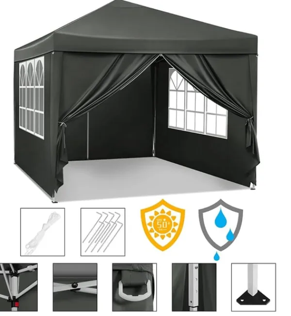 Telte & Lysthuse^Rootz Gazebo Pop-Up telt - Vandtæt Pagoda - Solafskærmning - UV-beskyttelse, Regnbestandig, Nem opsætning - Metal og 210D Oxford-stof - 3 x 3 m Grå