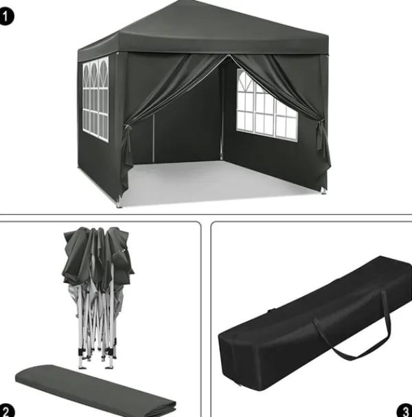 Telte & Lysthuse^Rootz Gazebo Pop-Up telt - Vandtæt Pagoda - Solafskærmning - UV-beskyttelse, Regnbestandig, Nem opsætning - Metal og 210D Oxford-stof - 3 x 3 m Grå