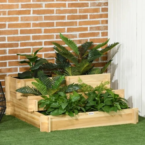 Krukker & Plantebeholdere^Rootz Højseng - Blomsterkasse - 3 Etager - Drænåbning - Stoffor - Naturligt træ - 93 x 93 x 35 cm