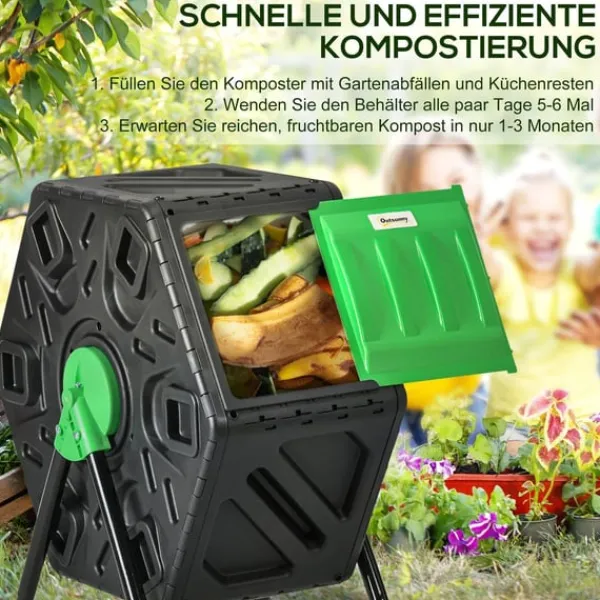 Clearance Rootz 65L kompostbeholder - Rotatabel komposter - Termisk kompostbakke - næringsrige kompost - 60x49x77cm - Grøn+sort Kompostering