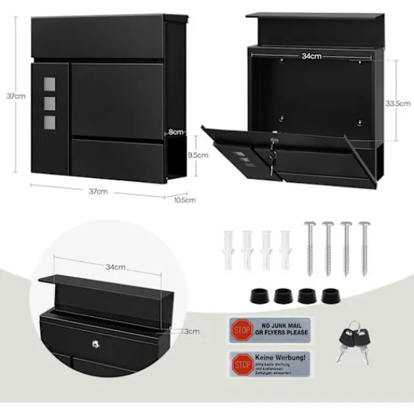 Postkasser & Brevindkast^Rootz Mailbox med avisrum - Letterbox - Wall Mount Post Box - Vandtæt - 37x37x10,5 cm sort