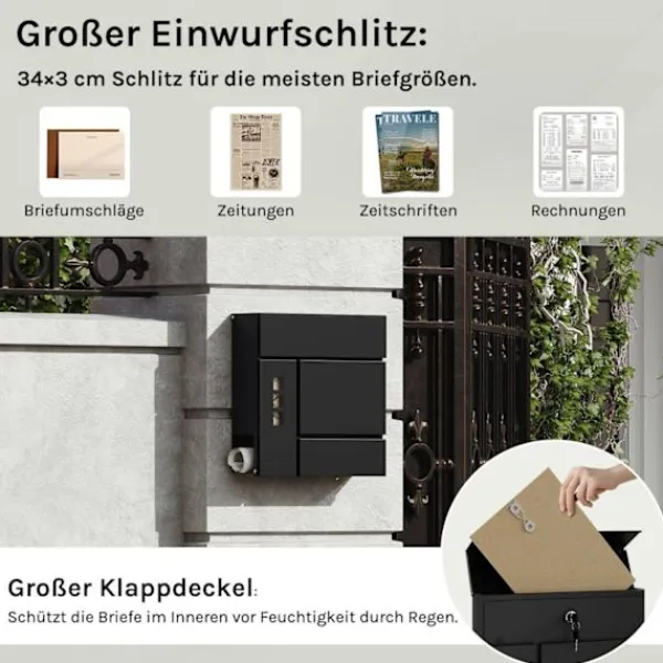 Postkasser & Brevindkast^Rootz Mailbox med avisrum - Letterbox - Wall Mount Post Box - Vandtæt - 37x37x10,5 cm sort