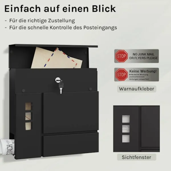 Postkasser & Brevindkast^Rootz Mailbox med avisrum - Letterbox - Wall Mount Post Box - Vandtæt - 37x37x10,5 cm sort