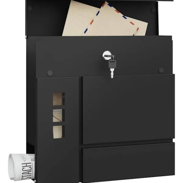 Postkasser & Brevindkast^Rootz Mailbox med avisrum - Letterbox - Wall Mount Post Box - Vandtæt - 37x37x10,5 cm sort