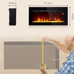 Hot Rootz vægmonteret elektrisk pejs - Indendørs varmelegeme - Kunstigt brænde - Justerbar varme 1800W - 91,4 cm x 15,8 cm x 45 cm Pejse