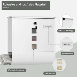 Best Rootz Wall Montered Mailbox - Post Box - Letterbox - Vandtæt og rustbestandig - 37x37x10,5 cm hvid Postkasser & Brevindkast