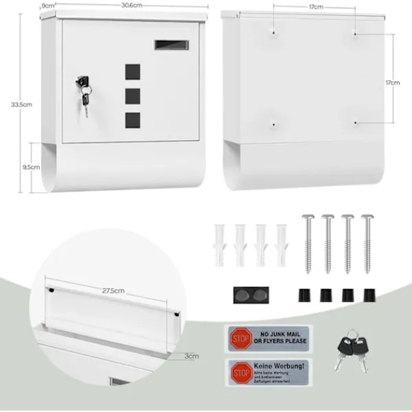 Outlet Rootz White Mailbox - Vægmonteret postkasse - Sikkert låsesystem - Galvaniseret stål - 30,6 x 33,5 x 10 cm Postkasser & Brevindkast
