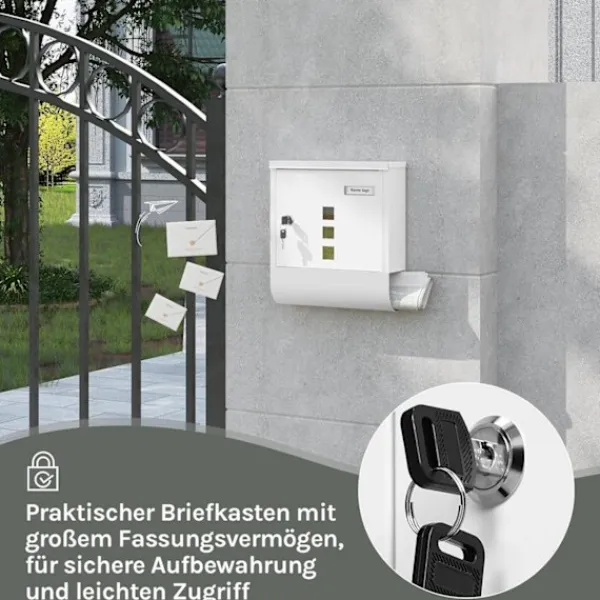 Outlet Rootz White Mailbox - Vægmonteret postkasse - Sikkert låsesystem - Galvaniseret stål - 30,6 x 33,5 x 10 cm Postkasser & Brevindkast