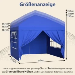 Telte & Lysthuse^Sammenklappelig havepavillon 3x3 m med 4 sidevægge, højdejusterbar i 3 positioner, blå