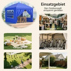 Telte & Lysthuse^Sammenklappelig havepavillon 3x3 m med 4 sidevægge, højdejusterbar i 3 positioner, blå