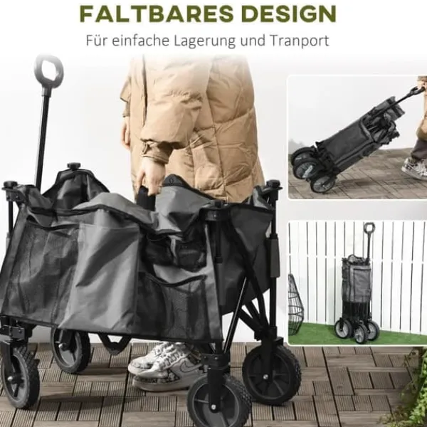Clearance Sammenklappelig vogn op til 120 kg, teleskophåndtag, sidelommer & foldbar bakke, mørkegrå Haveværktøj