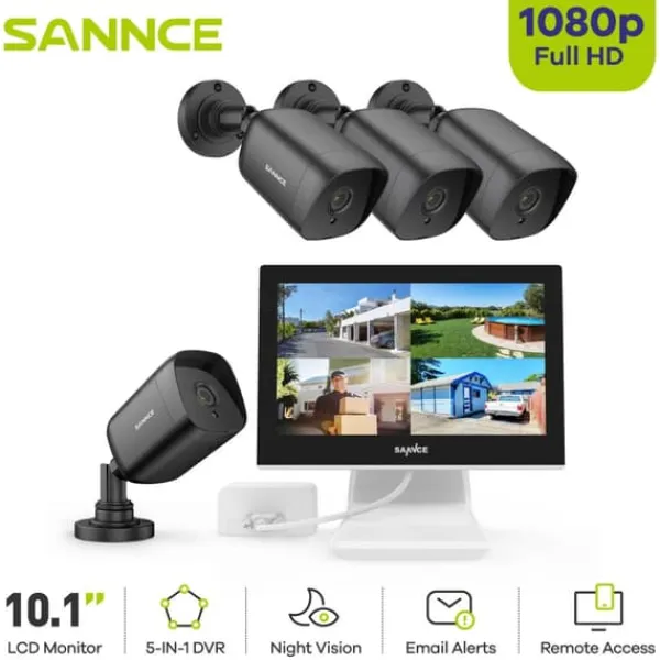Sale SANNCE CCTV-system, 10,1" skærm, 1080P opløsning,4stk Kamera Sikkerhedsmonitorer & Videokameraer