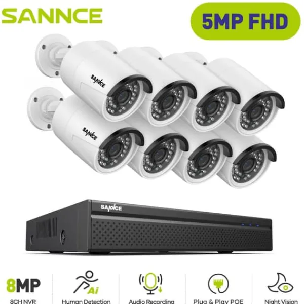 Sikkerhedsmonitorer & Videokameraer^SANNCE Videoovervågningssystem, 8MP opløsning, POE IP-kameraer,I51FQ08, Ingen