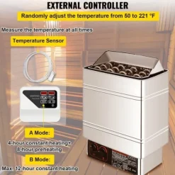 Sauna^Saunaovn 9 KW, el-sausnherd 380 V - 415 V, rustfri stål saunaovn, elektrisk saunaovn med 2 indstillinger (temperatur, tid) og ekstern