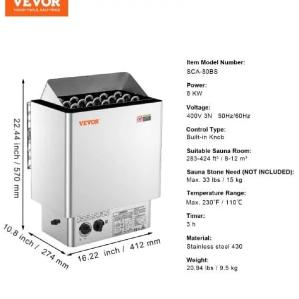 Sale Saunaovn, 8kW elektrisk saunaovn, 41,2x27,4x57 cm, rustfrit stål Sauna